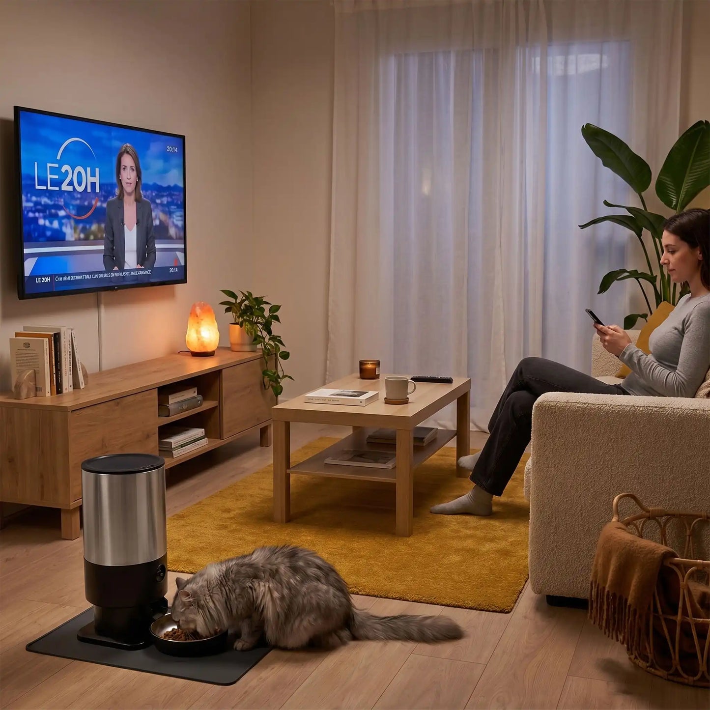 distributeur croquette chat devant la télévision