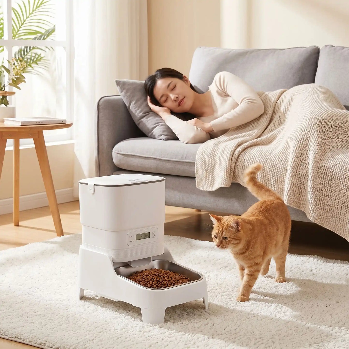 distributeur croquette chat intelligent en salon moderne