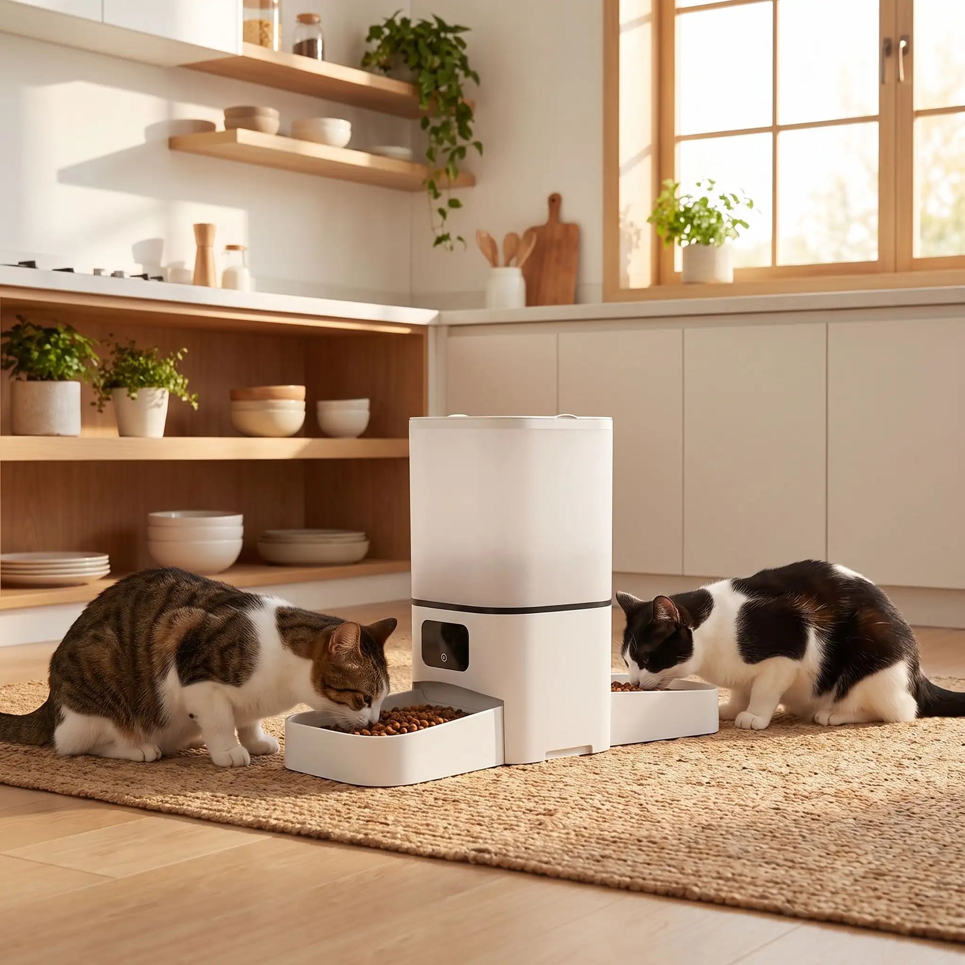 distributeur croquette chat nourrissant deux chats en cuisine
