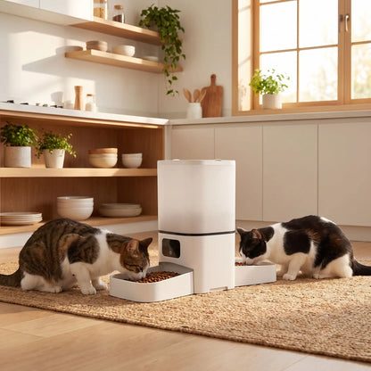 distributeur croquette chat nourrissant deux chats en cuisine