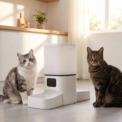 distributeur croquette chat nourrissant deux chats
