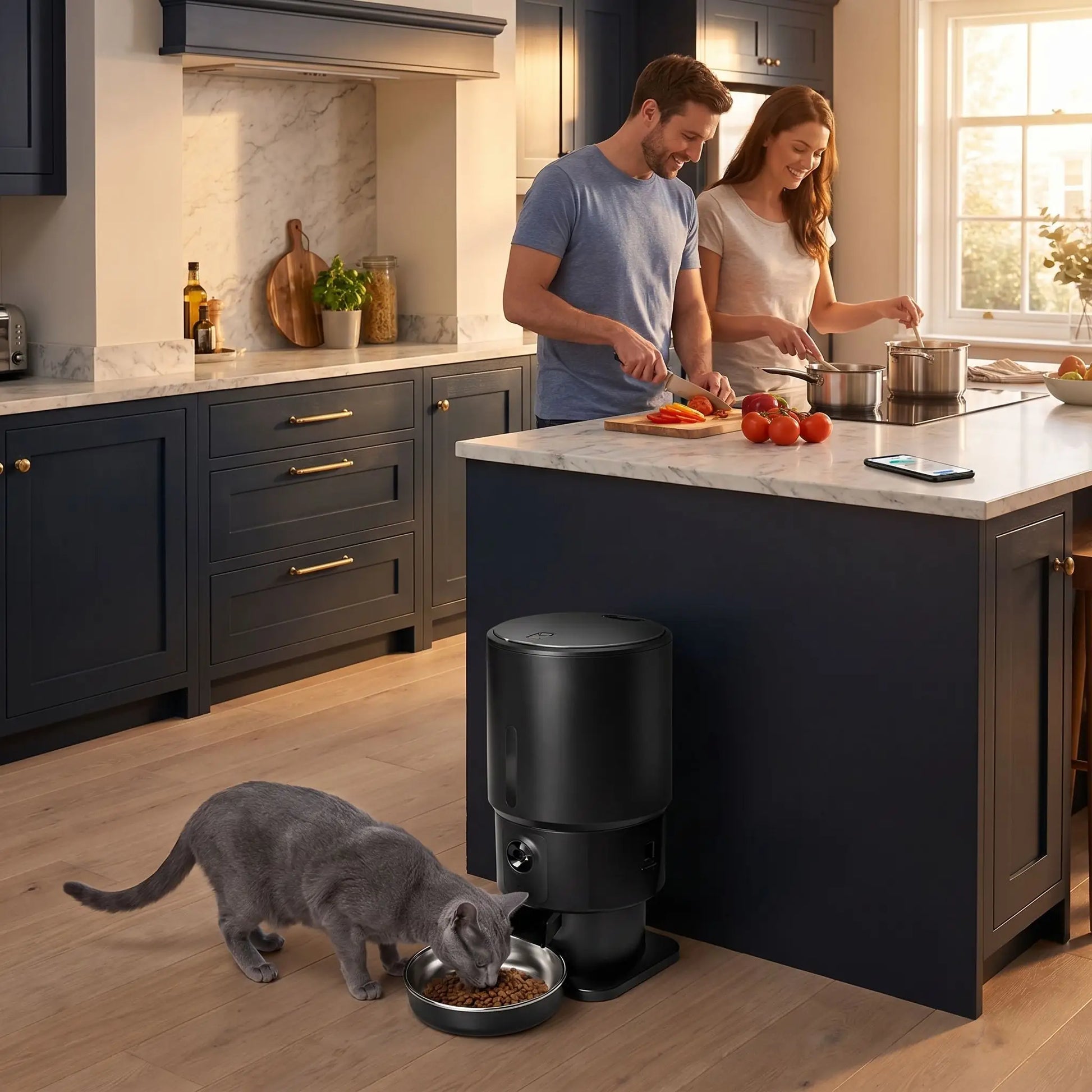 distributeur croquette chat pendant préparation repas