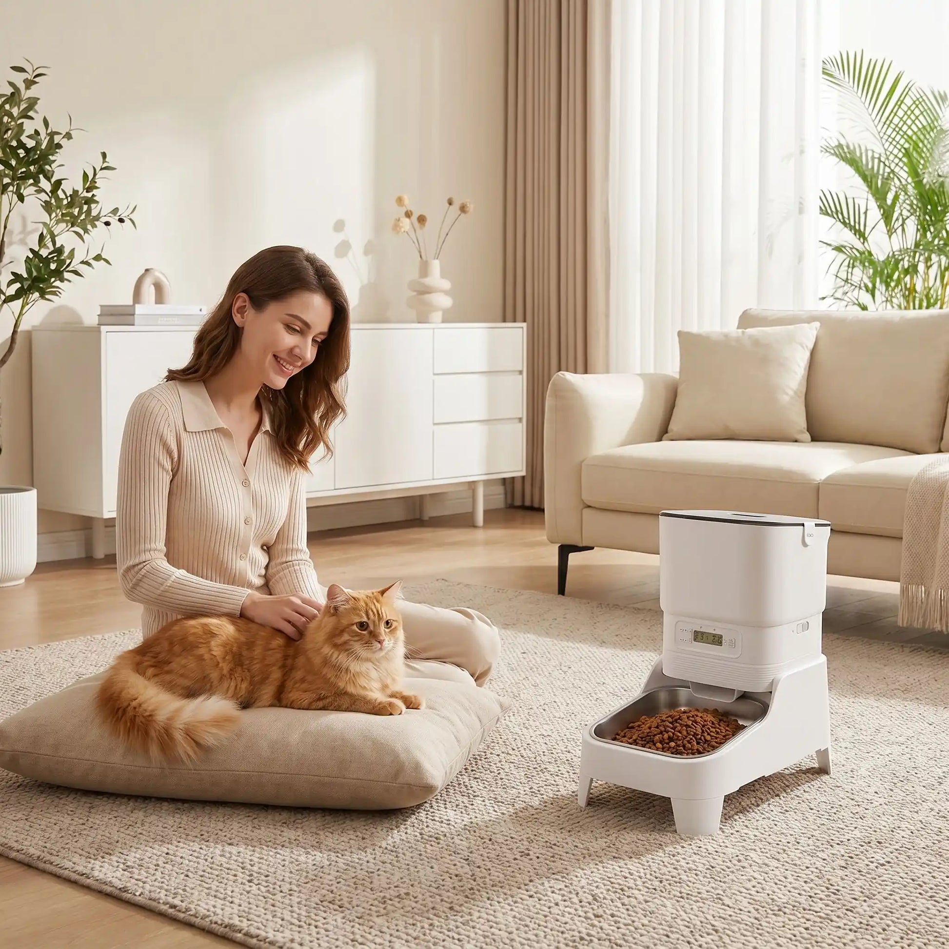 distributeur croquette chat utilisé par femme heureuse