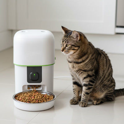 Distributeur croquettes chat automatique avec un chat tigré assis devant
