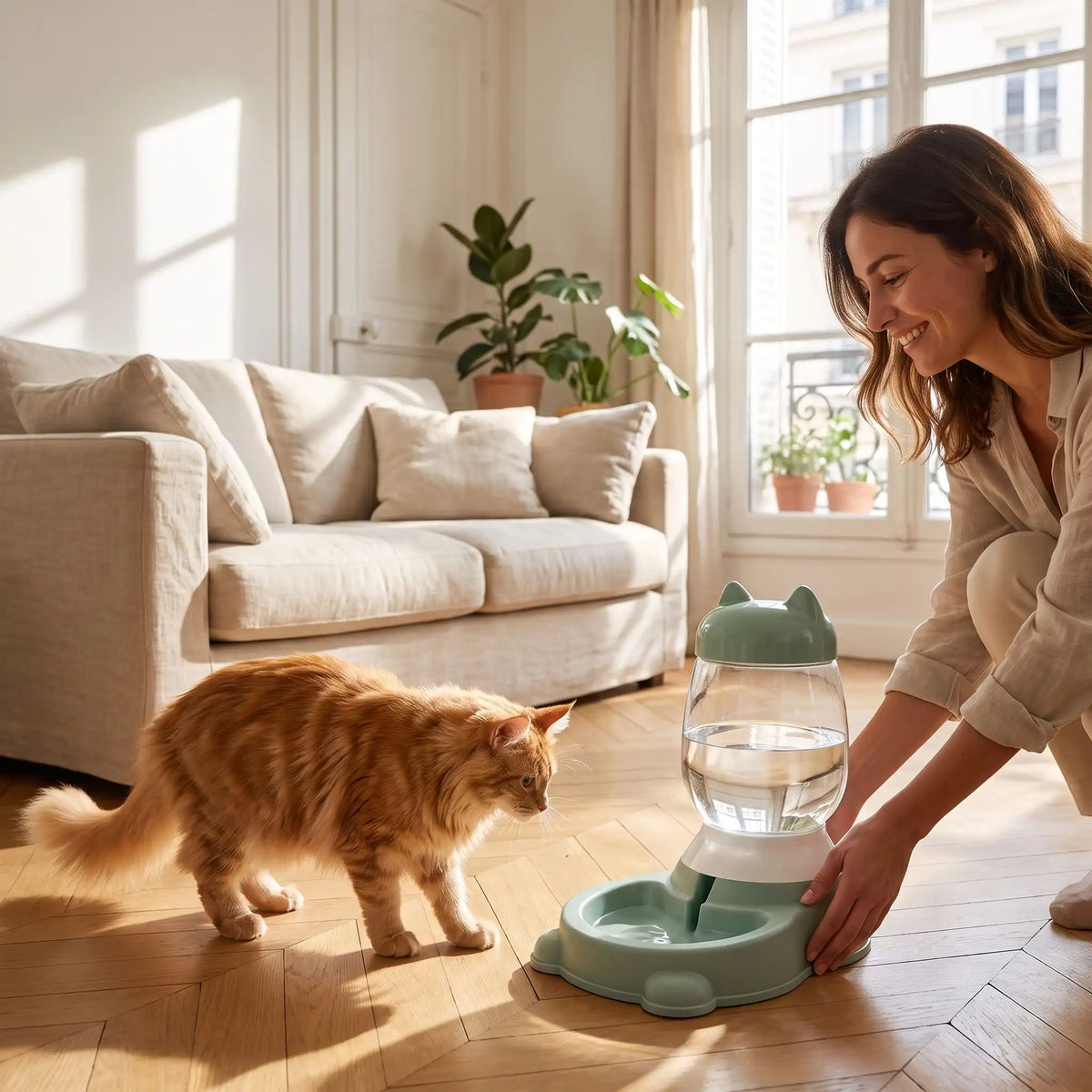 Distributeur d'eau pour chat posé par une femme souriante
