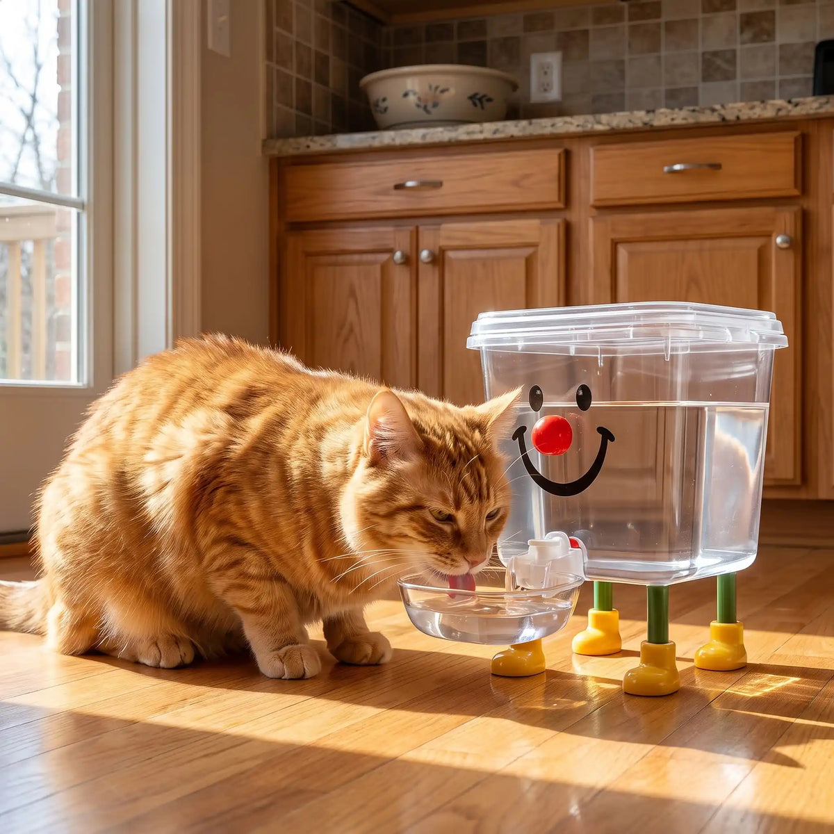 Distributeur d'eau pour chat roux qui boit en cuisine ensoleillée