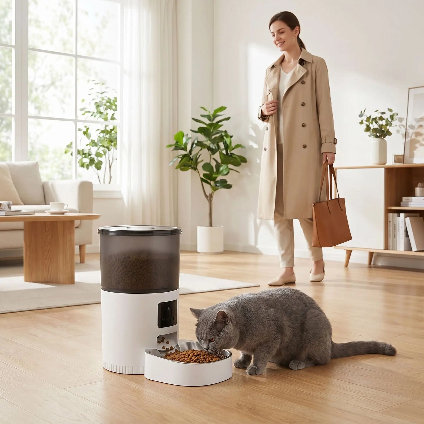 Distributeur de croquettes chat avant sortie maison sereine