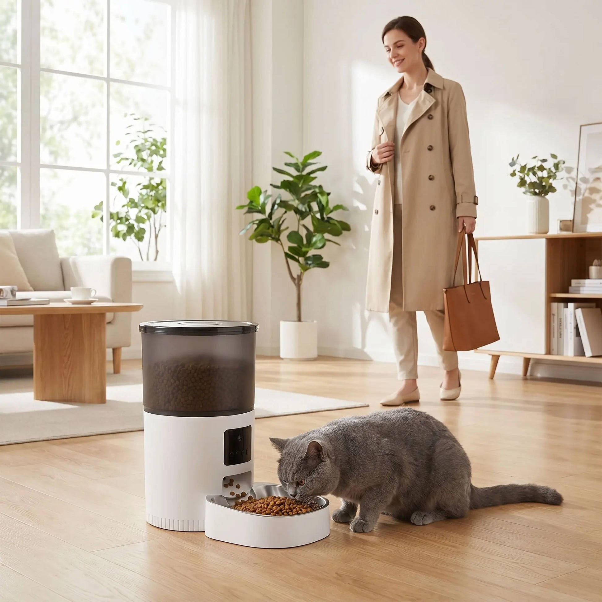 Distributeur de croquettes chat avant sortie maison sereine