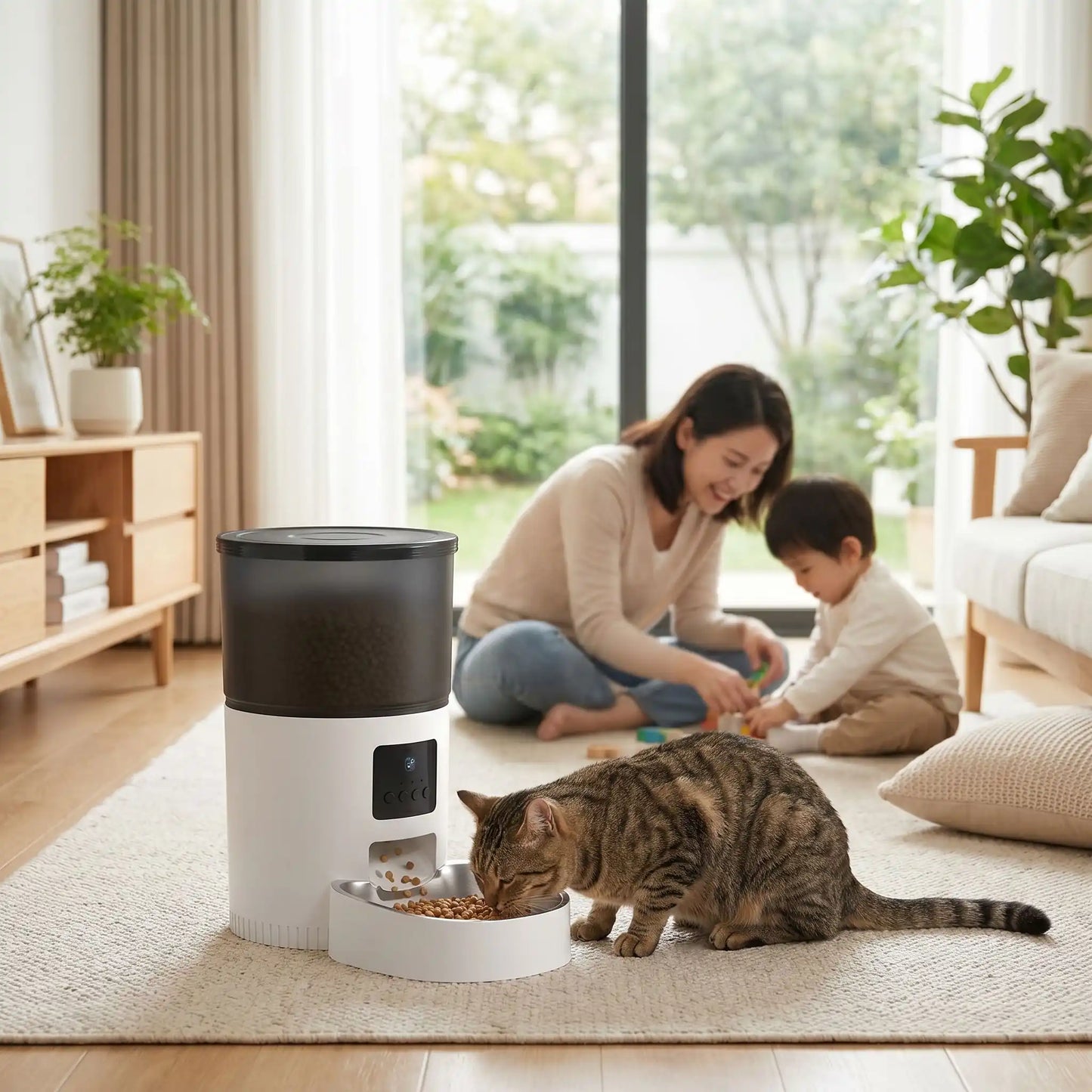 Distributeur de croquettes chat famille profite d'un moment calme