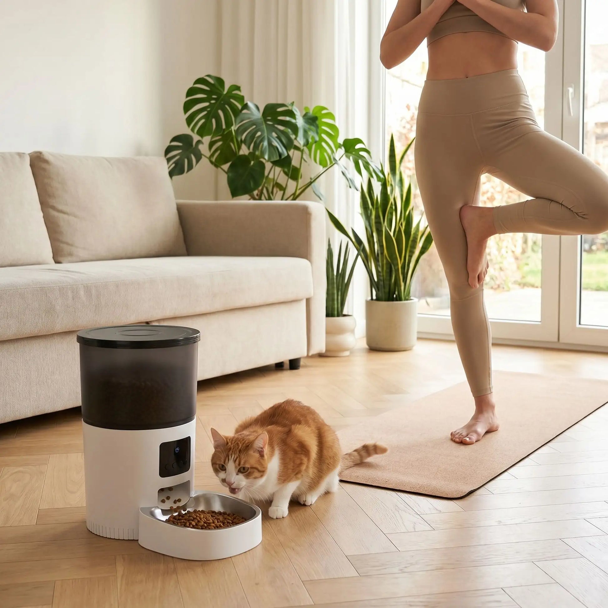 Distributeur de croquettes chat pendant séance de yoga zen