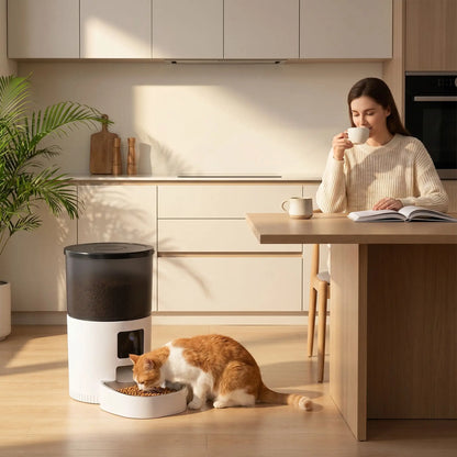 Distributeur de croquettes chat propriétaire savoure son café