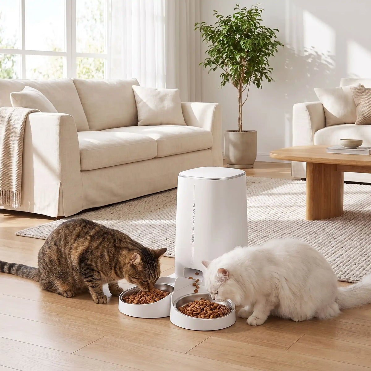 Distributeur de croquettes pour chat automatique nourrissant deux chats dans salon lumineux
