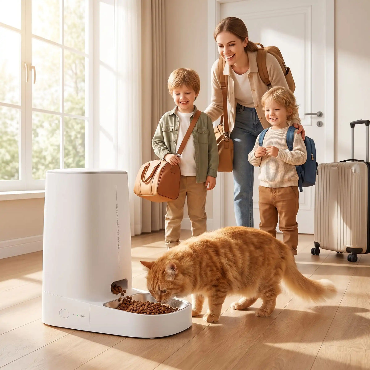 distributeur de croquettes pour chat automatique nourrit un chat pendant voyage familiale