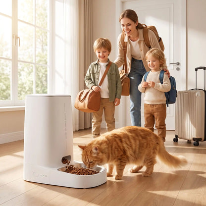 distributeur de croquettes pour chat automatique nourrit un chat pendant voyage familiale