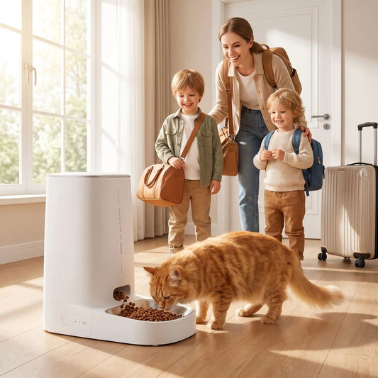 distributeur de croquettes pour chat automatique nourrit un chat pendant voyage familiale