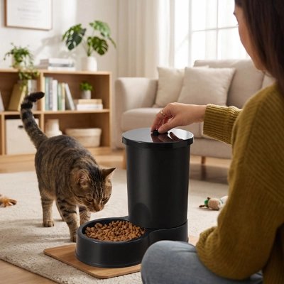 Distributeur de croquettes pour Chat qui est nourrit par femme dans intérieur