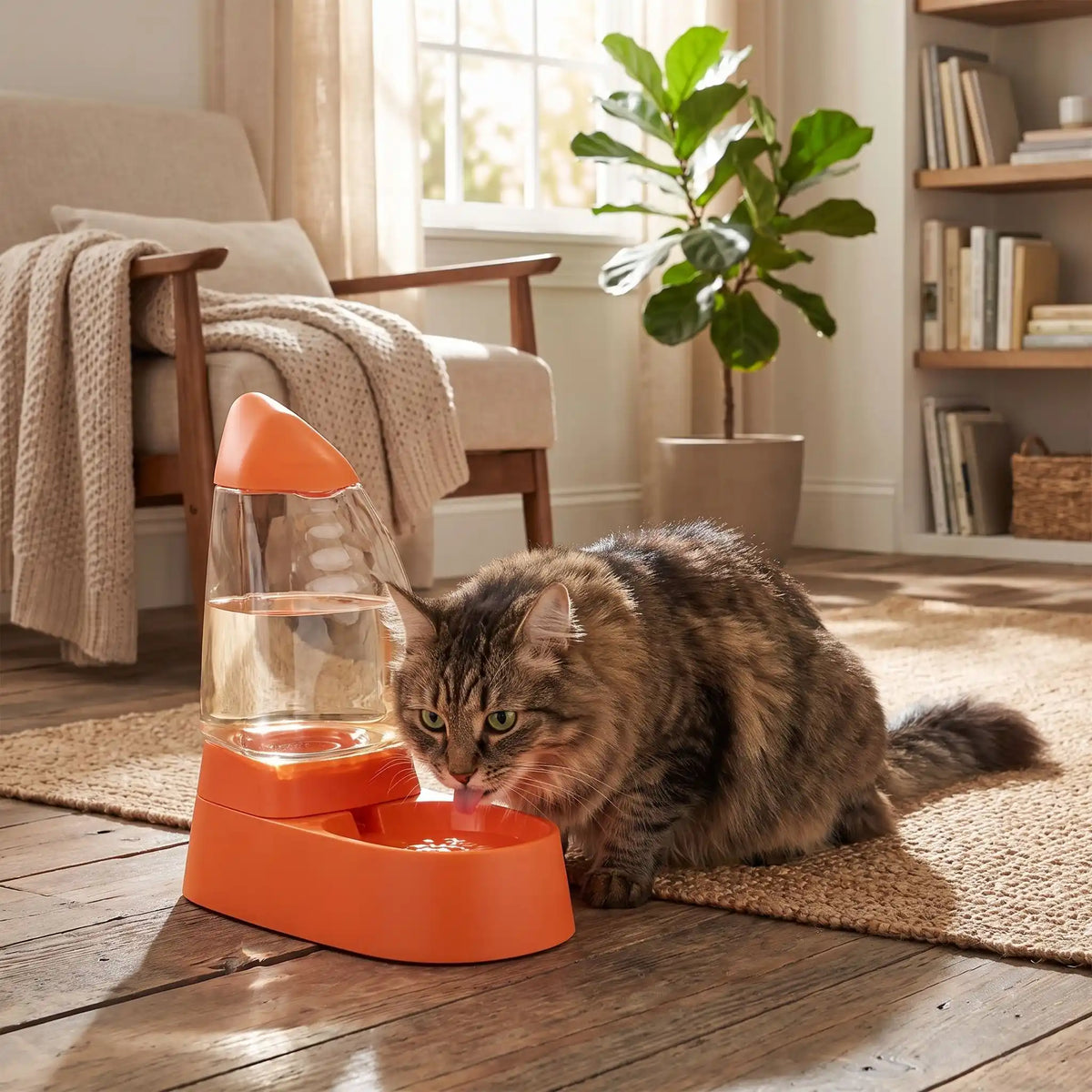 Distributeur d'eau pour chat avec chat orange buvant à l'intérieur.