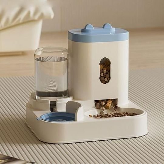Distributeur eau et croquettes pour chat avec couvercle bleu