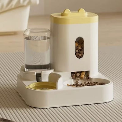 Distributeur eau et croquettes pour chat avec couvercle jaune