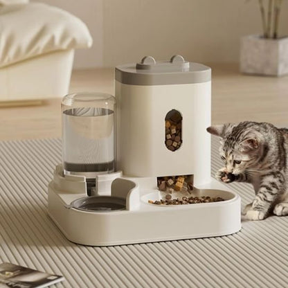 Distributeur eau et croquettes pour chat avec couvercle gris