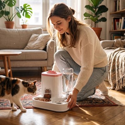 Distributeur eau et croquettes pour chat installé par une femme souriante