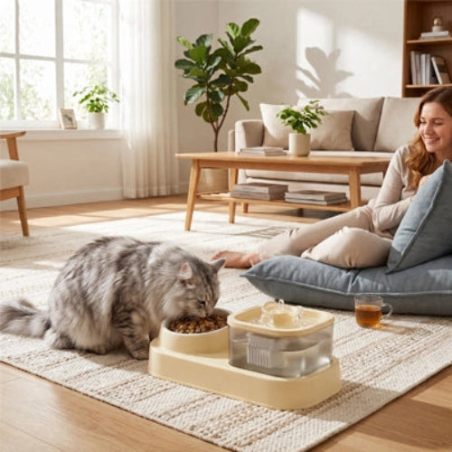 Distributeur eau et croquettes pour chat utilisé par félin gris dans salon