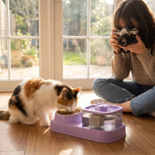 Distributeur eau et croquettes pour chat utilisé par un félin photographié