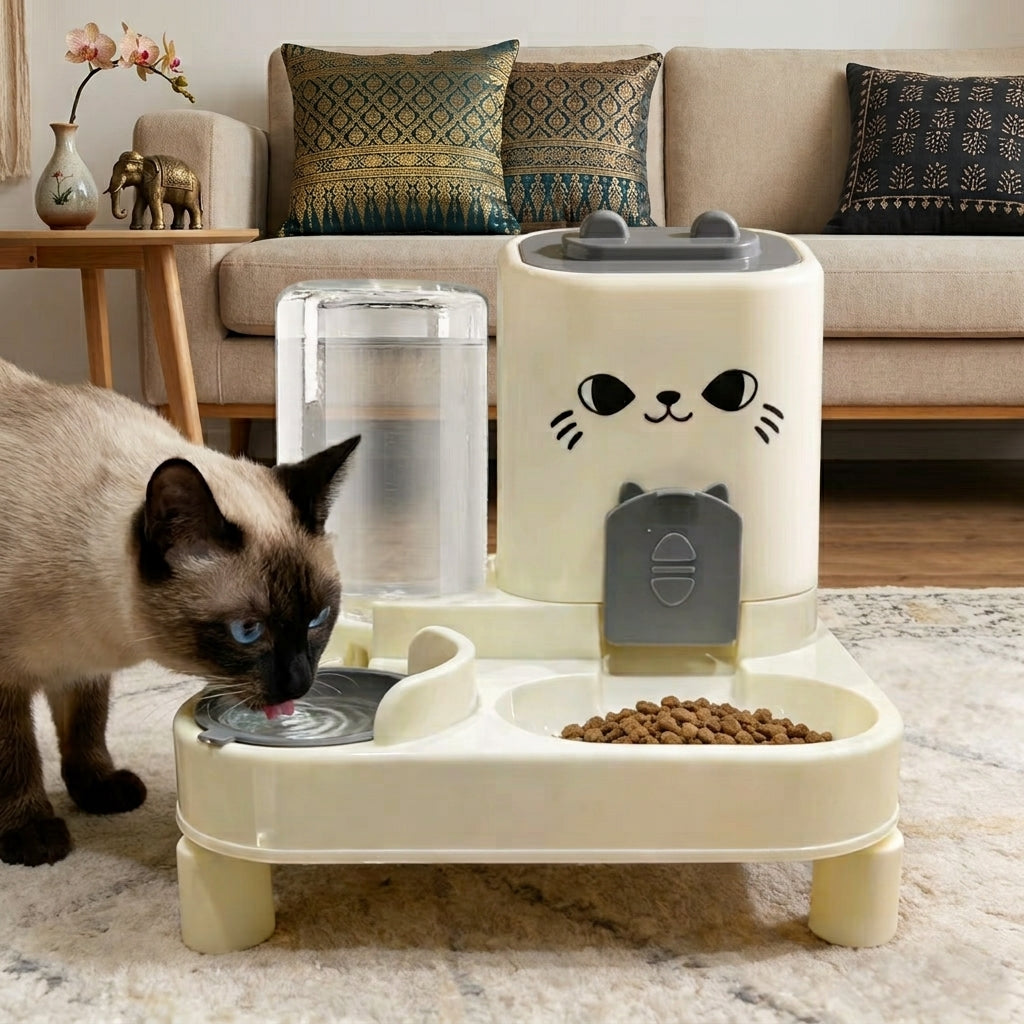 Distributeur eau et croquettes pour chat utilisé par un siamois
