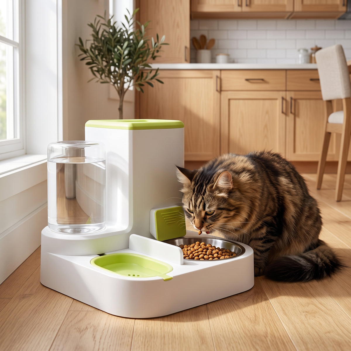 distributeur nourriture chat utilisé par un chat tigré en cuisine