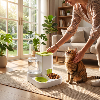 Distributeur nourriture chat utilisé par une femme avec son félin