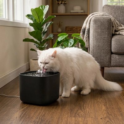 Fontaine a eau Chat blanche qui boit dans un salon