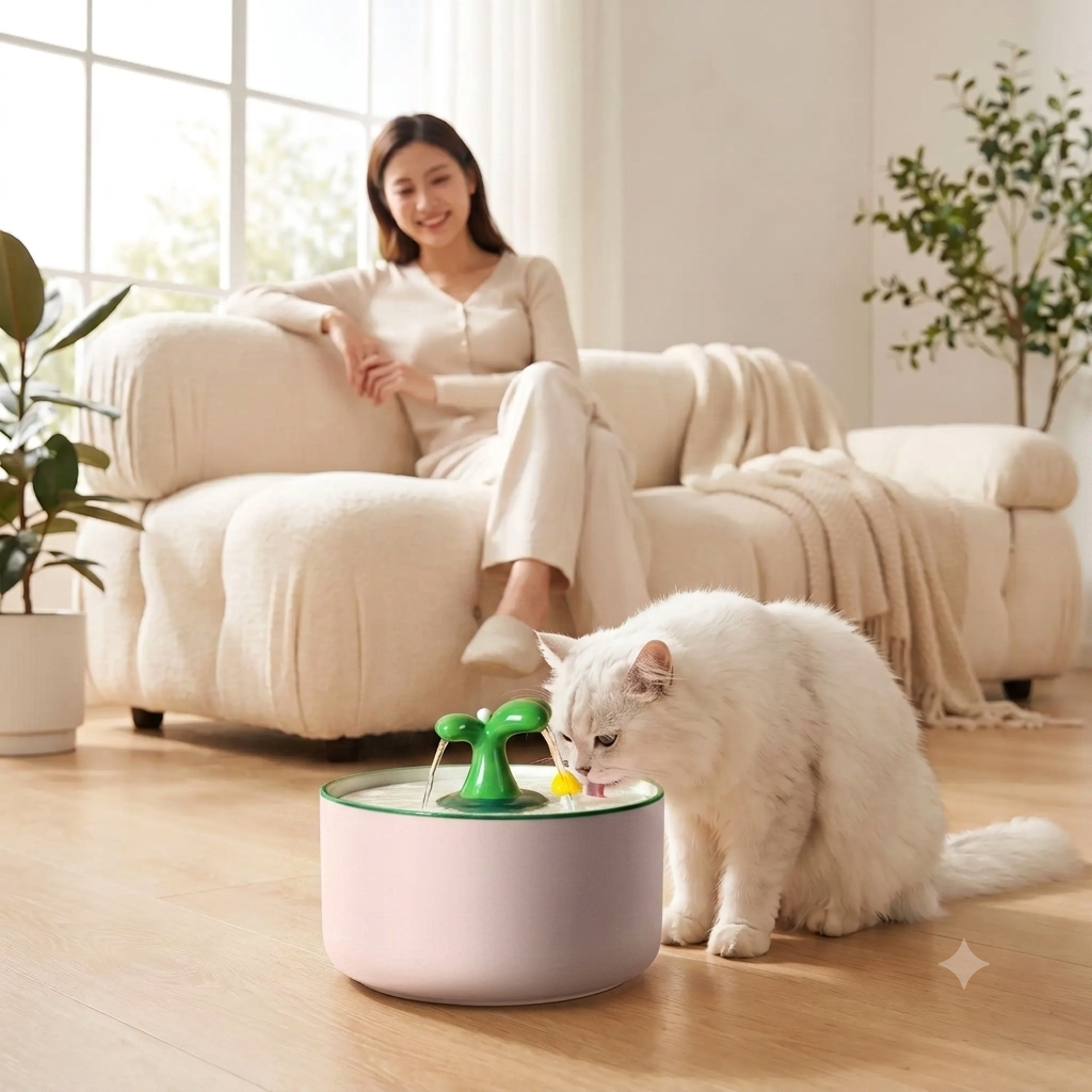 fontaine a eau chat ceramique utilisée par chat blanc au salon