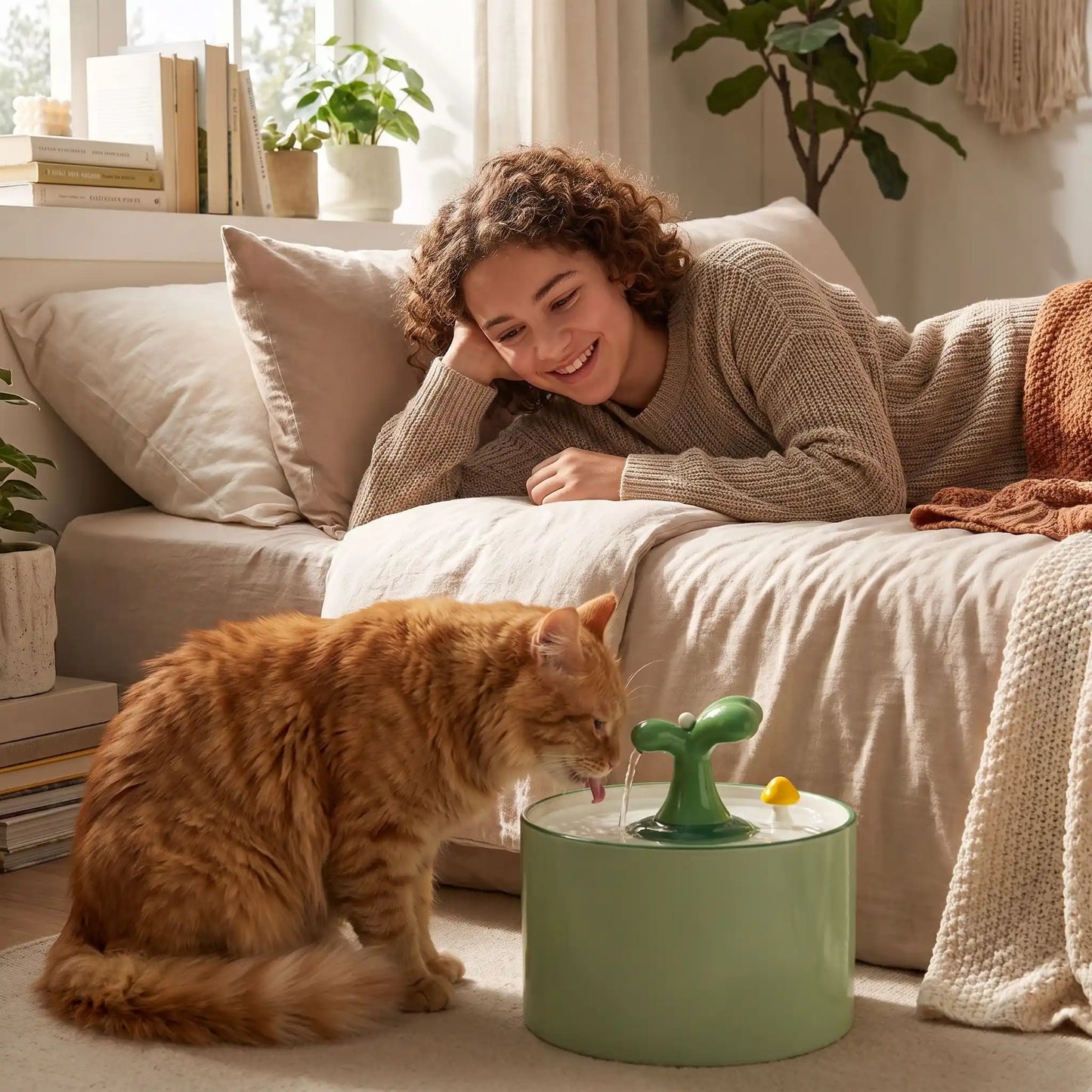 fontaine a eau chat ceramique utilisée par chat roux salon