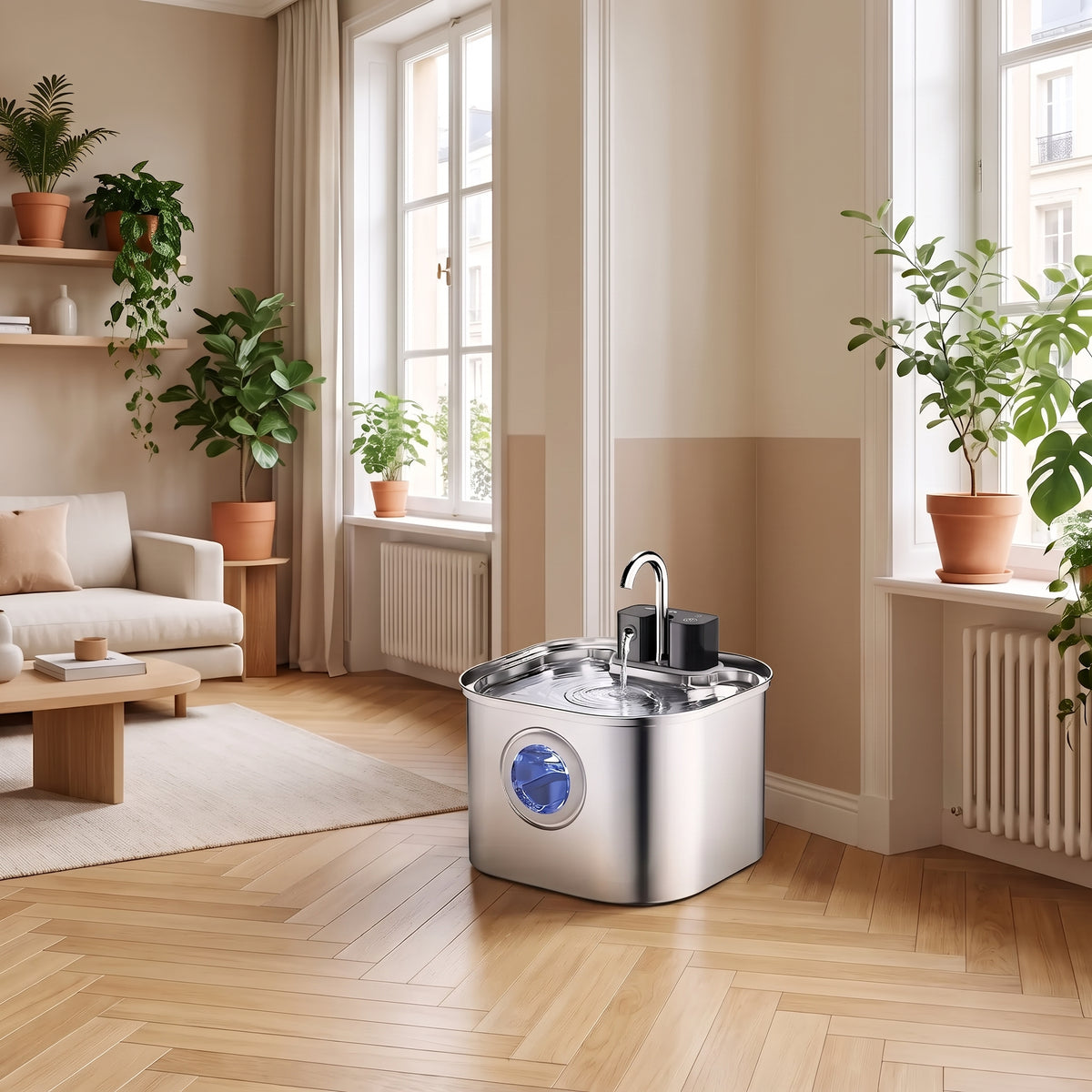 Fontaine à eau chat en inox sur parquet dans salon lumineux