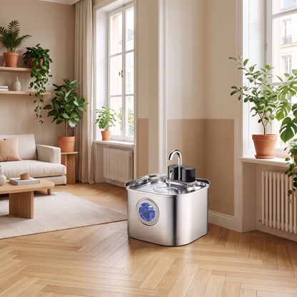Fontaine à eau chat en inox sur parquet dans salon lumineux