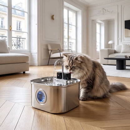 Fontaine à eau chat en inox utilisée par un chat poilu