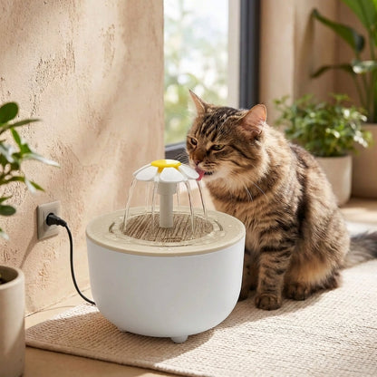 fontaine a eau chat fleur utilisée par un chat tigré