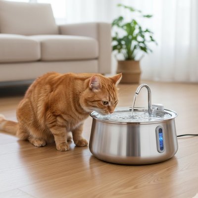 Fontaine a eau chat inox au salon avec chat