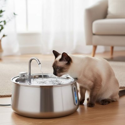 Fontaine a eau chat inox devant un chat assoiffé