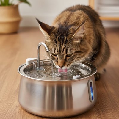 Fontaine a eau chat inox en utilisation par chat