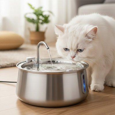 Fontaine a eau chat inox utiliser par chat blanc