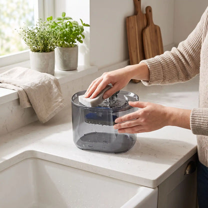 fontaine a eau chat nettoyée avec éponge en cuisine