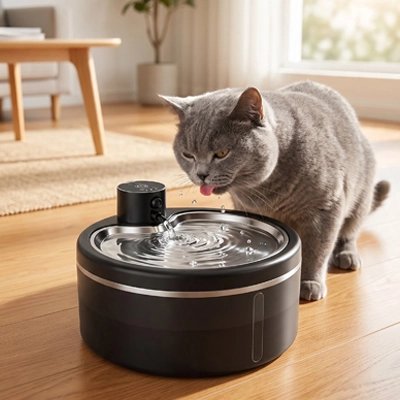 Fontaine à eau chat sans fil utilisée par chat gris buvant
