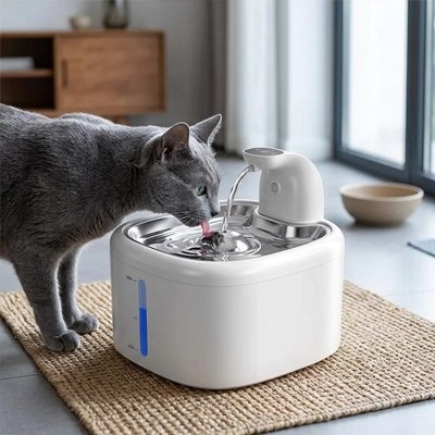 Fontaine à eau chat sans fil utilisée par chat gris buvant