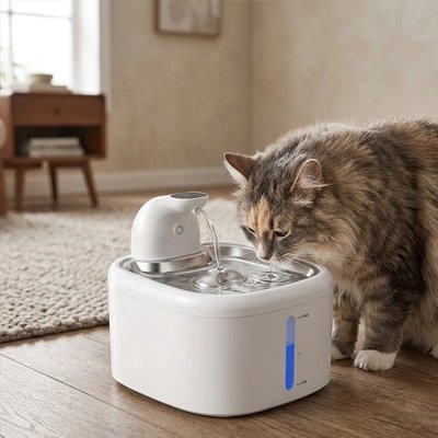 Fontaine à eau chat sans fil utilisée par chat poilu