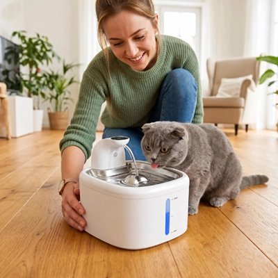 Fontaine à eau chat sans fil utilisée par chat qui bois