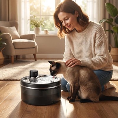 Fontaine à eau chat sans fil utilisée par chat siamois en intérieur