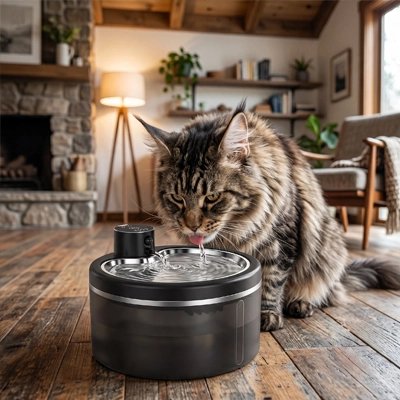 Fontaine à eau chat sans fil utilisée par chat tigré en intérieur