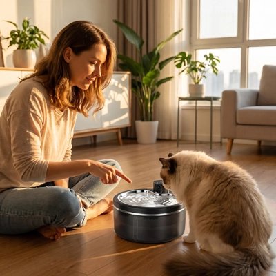 Fontaine à eau chat sans fil utilisée par un chat en intérieur