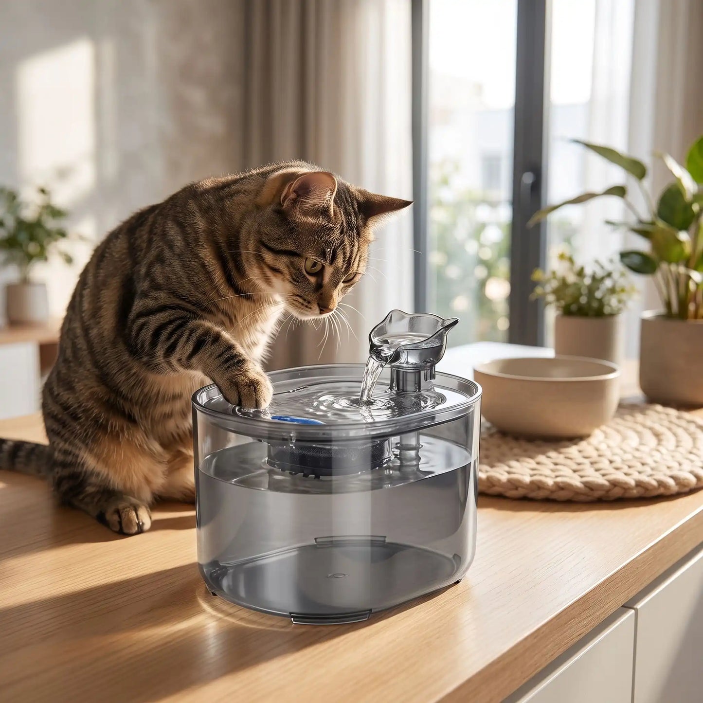 fontaine a eau chat utilisée par tabby dans salon lumineux